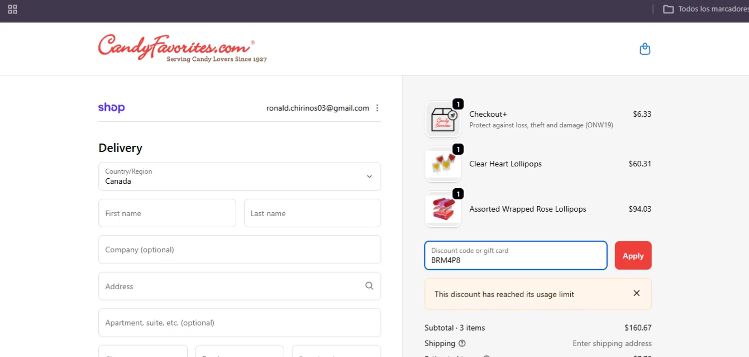CandyFavorites promo code screenshot showing code BRM4P8 applied at CandyFavorites checkout page. Uploaded by SimplyCodes community member Egni_149037891 on Feb 5, 2026