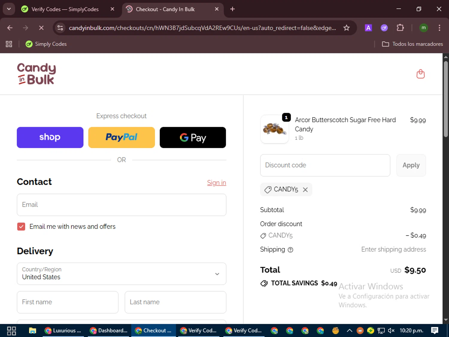 Candy In Bulk promo code screenshot showing code CANDY5 applied at Candy In Bulk checkout page. Uploaded by SimplyCodes community member VoucherCollector9196 on Sep 20, 2025