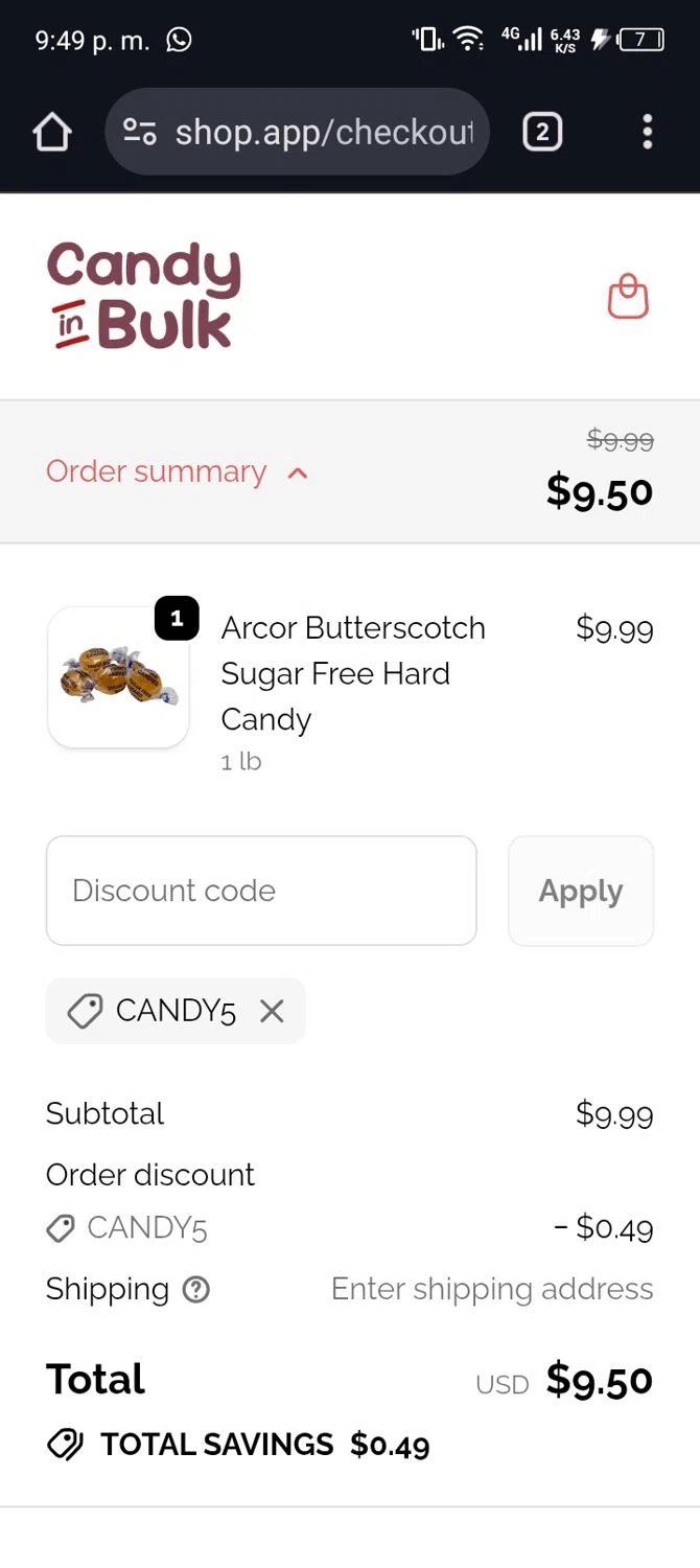 Candy In Bulk promo code screenshot showing code CANDY5 applied at Candy In Bulk checkout page. Uploaded by SimplyCodes community member Xx_Cogeburras3000_xX on Nov 8, 2025
