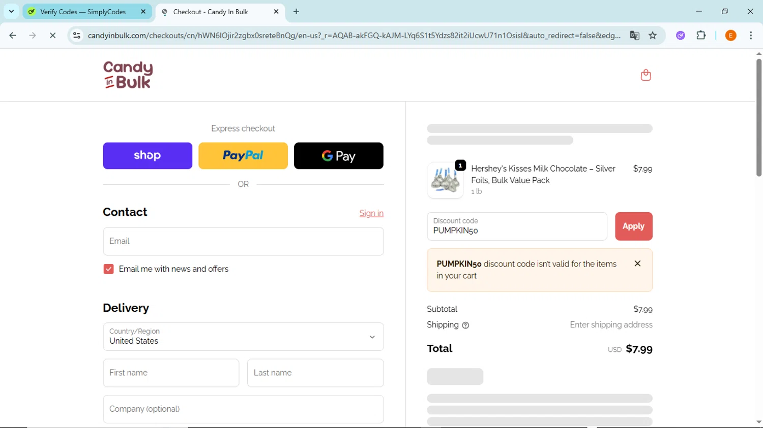 Candy In Bulk promo code screenshot showing code PUMPKIN50 applied at Candy In Bulk checkout page. Uploaded by SimplyCodes community member BudgetFox5491 on Dec 11, 2025