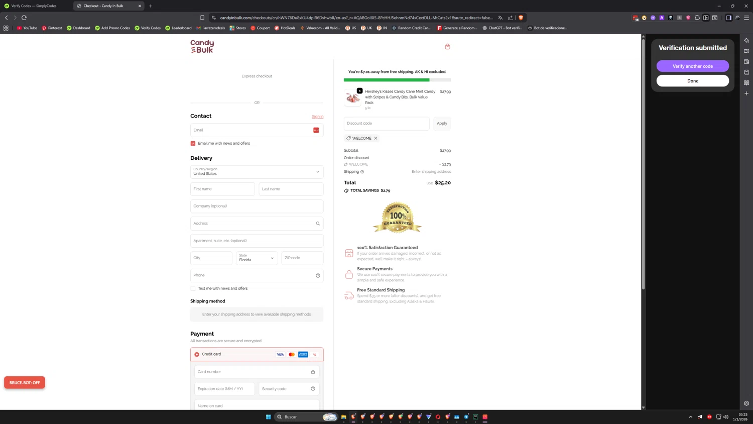 Candy In Bulk checkout page showing Candy In Bulk promo code box | Screenshot taken by SimplyCodes community member on Jan 1, 2026