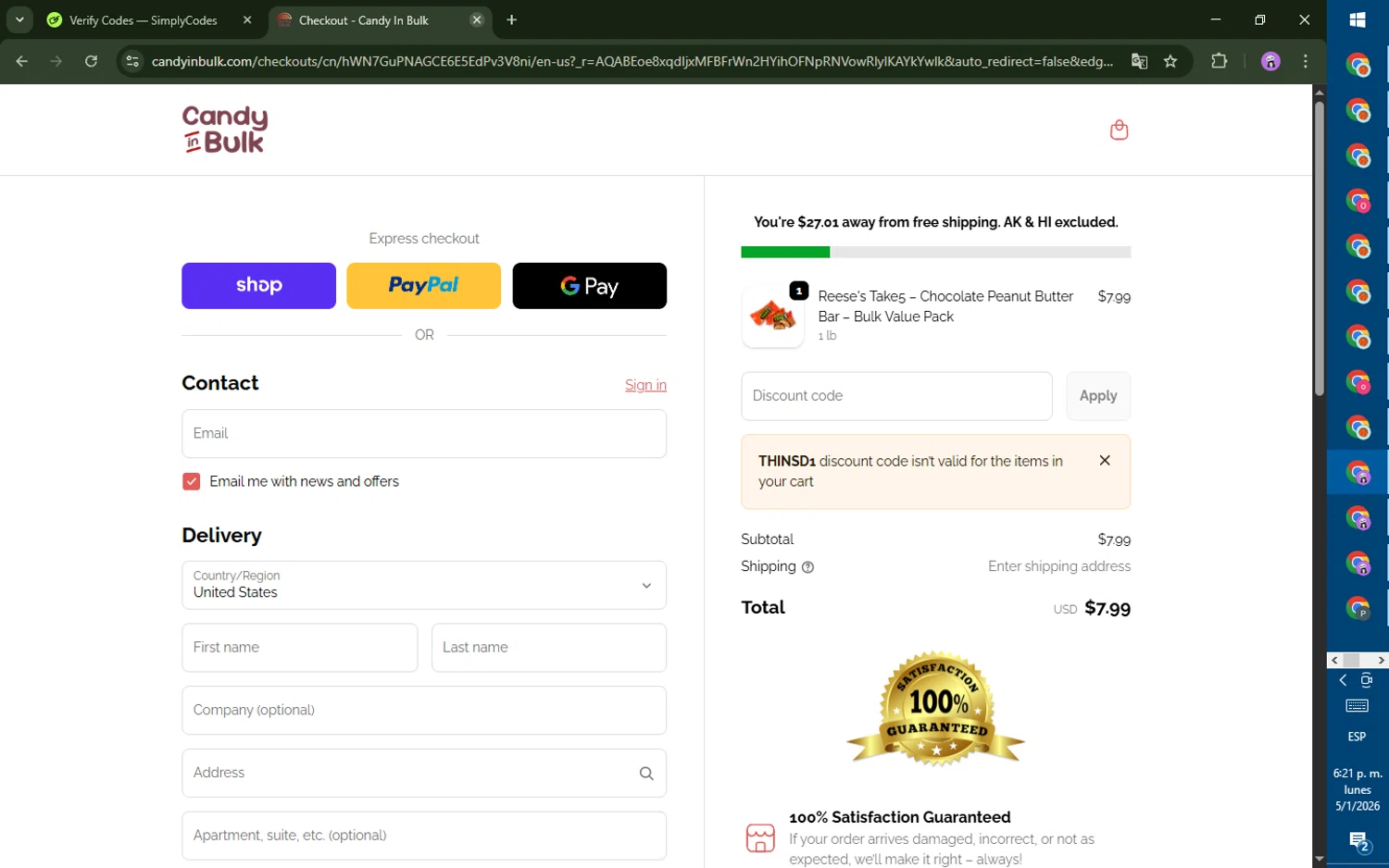 Candy In Bulk checkout page showing Candy In Bulk promo code box | Screenshot taken by SimplyCodes community member on Jan 5, 2026
