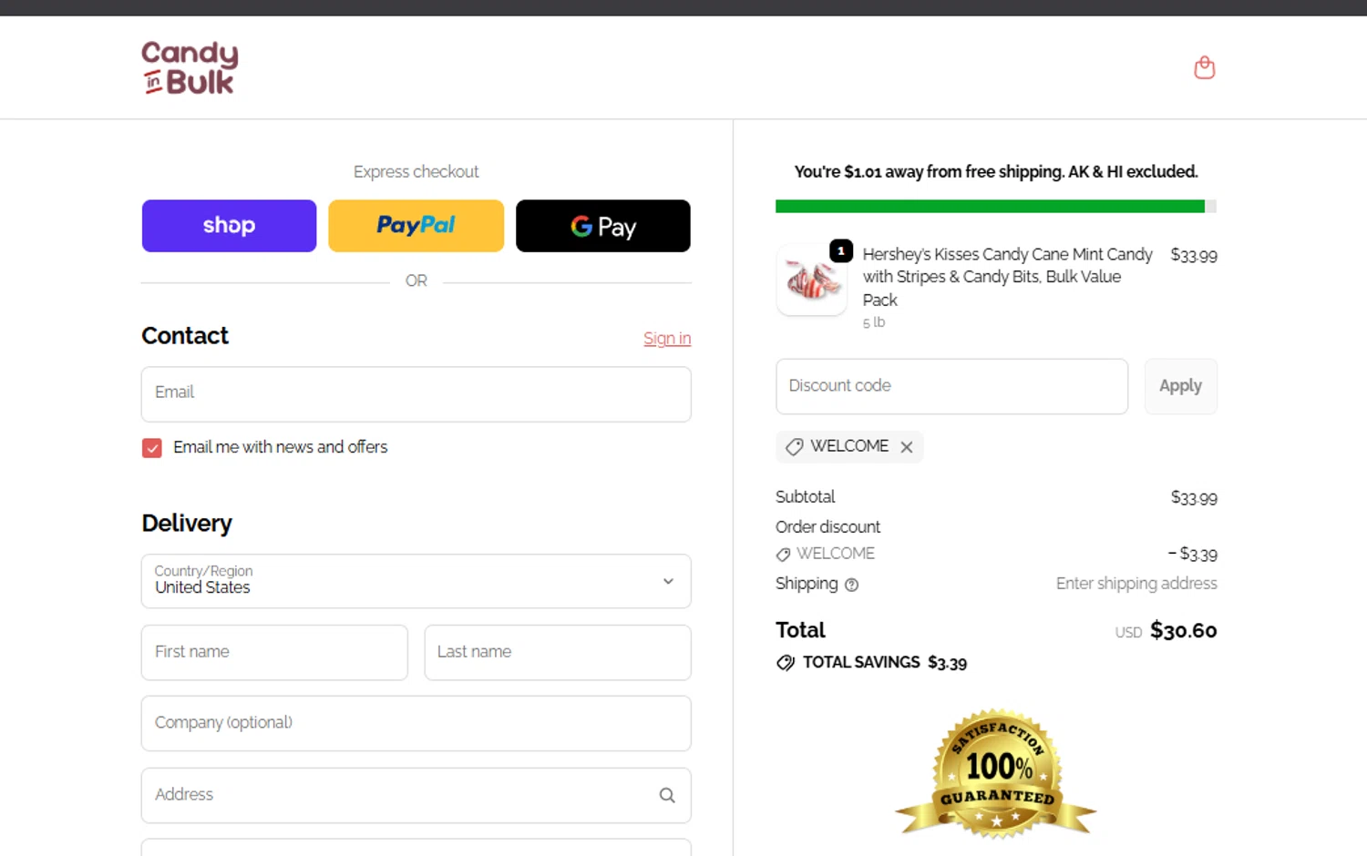 Candy In Bulk promo code screenshot showing code WELCOME applied at Candy In Bulk checkout page. Uploaded by SimplyCodes community member DORIANGEL on Dec 10, 2025