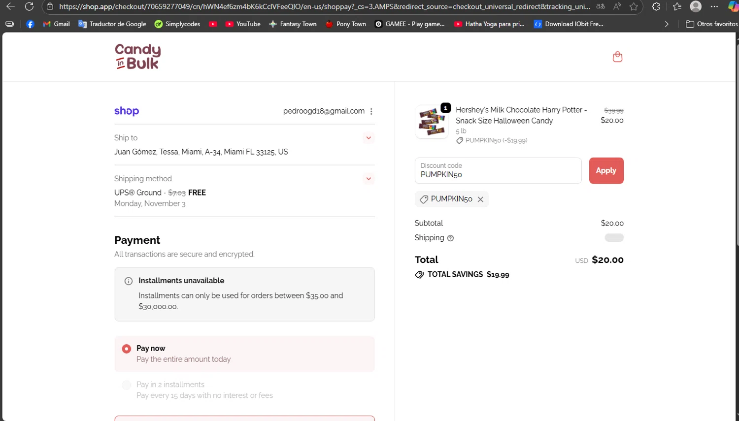 Candy In Bulk promo code screenshot showing code PUMPKIN50 applied at Candy In Bulk checkout page. Uploaded by SimplyCodes community member MoneyRanger9663 on Oct 28, 2025