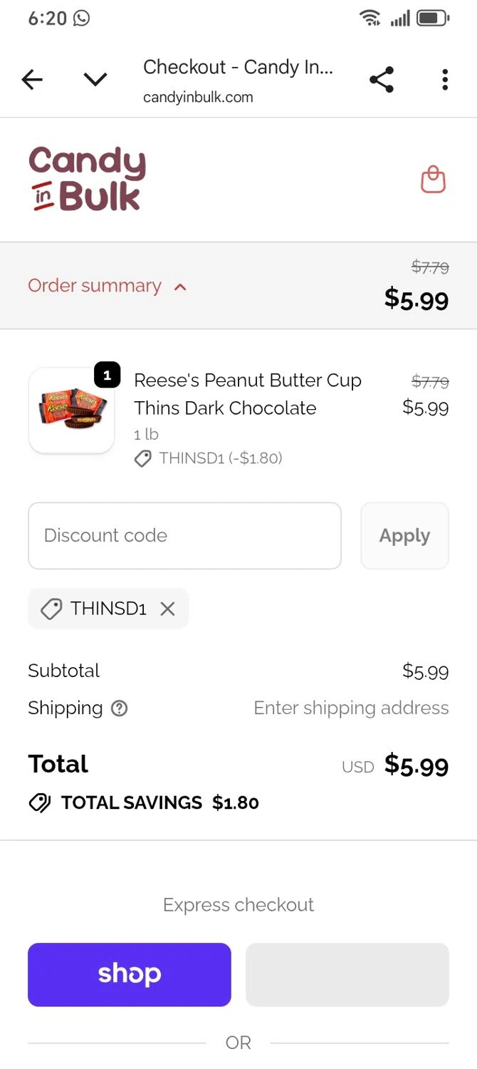 Candy In Bulk promo code screenshot showing code THINSD1 applied at Candy In Bulk checkout page. Uploaded by SimplyCodes community member franksanchez on Jan 5, 2026
