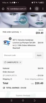 CANDYLIPZ15 coupon verification screenshot