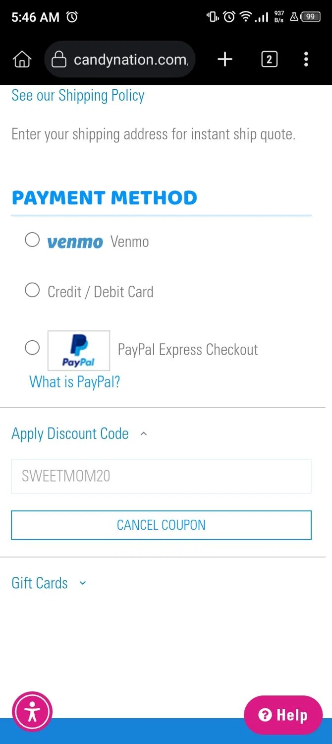 where to use Candy Nation promo code box