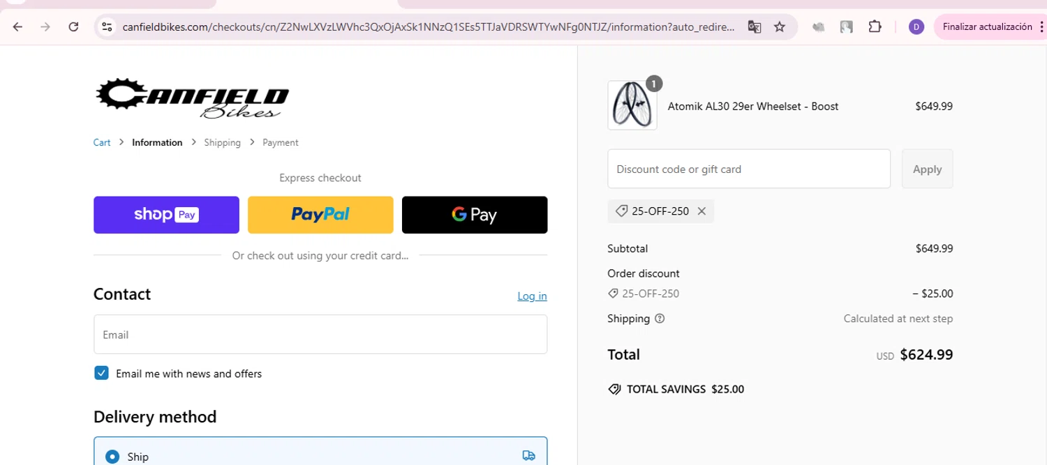 Canfield Bikes promo code screenshot showing code 25-OFF-250 applied at Canfield Bikes checkout page. Uploaded by SimplyCodes community member ShieldCurator2100 on Feb 21, 2025