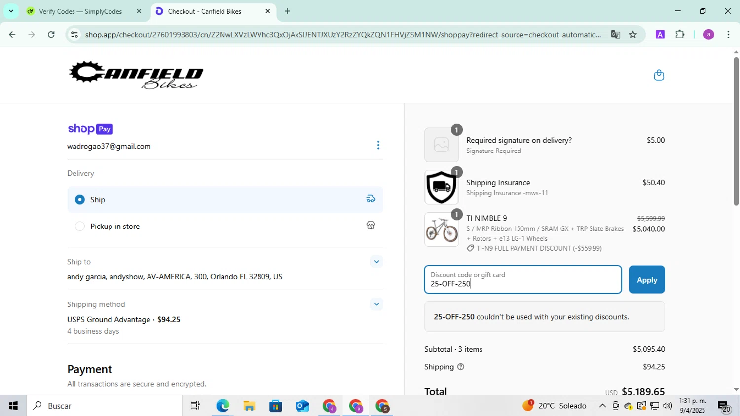 Canfield Bikes promo code screenshot showing code 25-OFF-250 applied at Canfield Bikes checkout page. Uploaded by SimplyCodes community member FortunatePilot2384 on Apr 9, 2025