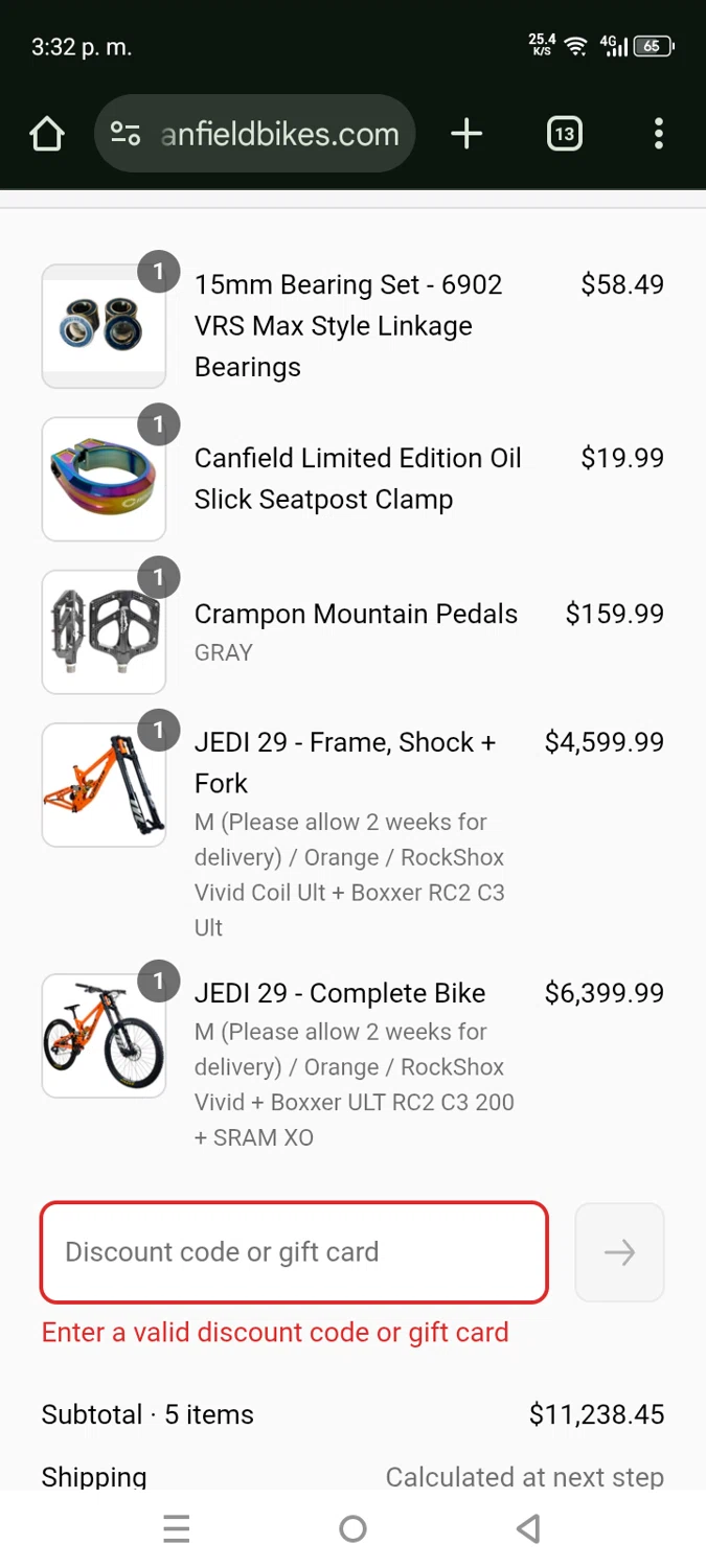Canfield Bikes promo code screenshot showing code G75GXXXM applied at Canfield Bikes checkout page. Uploaded by SimplyCodes community member EpicHero3429 on Jun 14, 2025