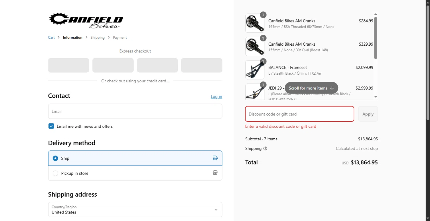 Canfield Bikes promo code screenshot showing code G75GXXXM applied at Canfield Bikes checkout page. Uploaded by SimplyCodes community member LlonardoLotes on Jun 14, 2025