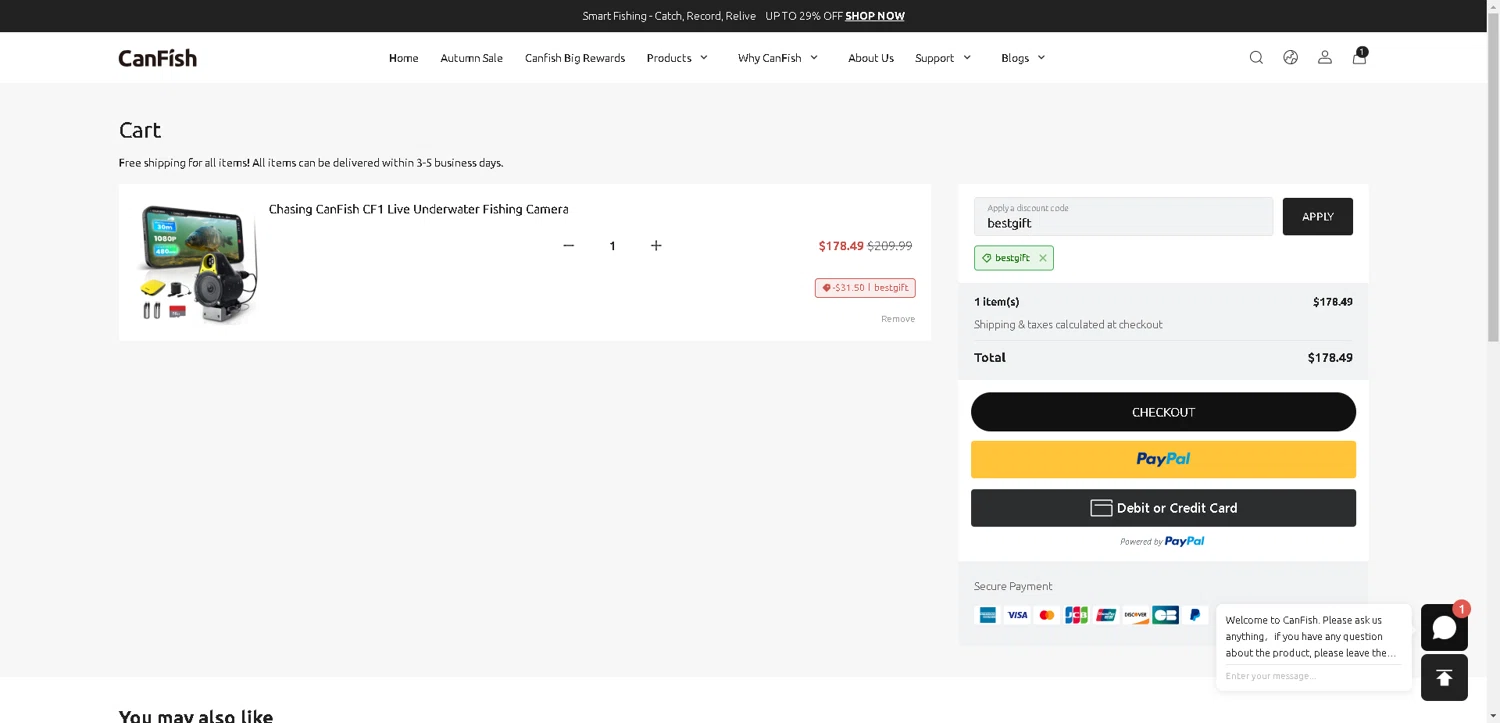 CanFish promo code screenshot showing code bestgift applied at CanFish checkout page. Uploaded by SimplyCodes community member PrimeSentinel4675 on Nov 4, 2025