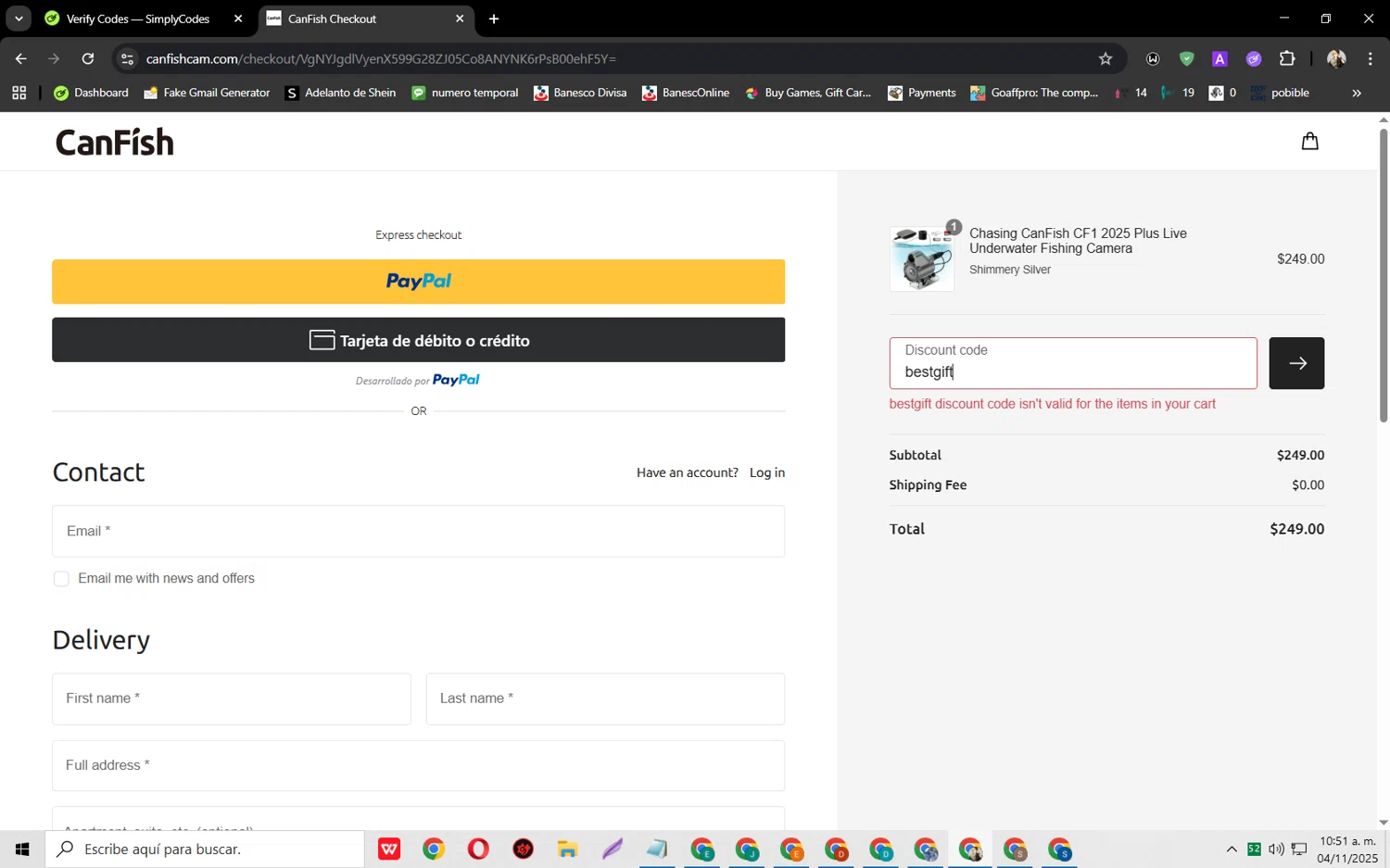 CanFish promo code screenshot showing code bestgift applied at CanFish checkout page. Uploaded by SimplyCodes community member jeysosmoore on Nov 4, 2025