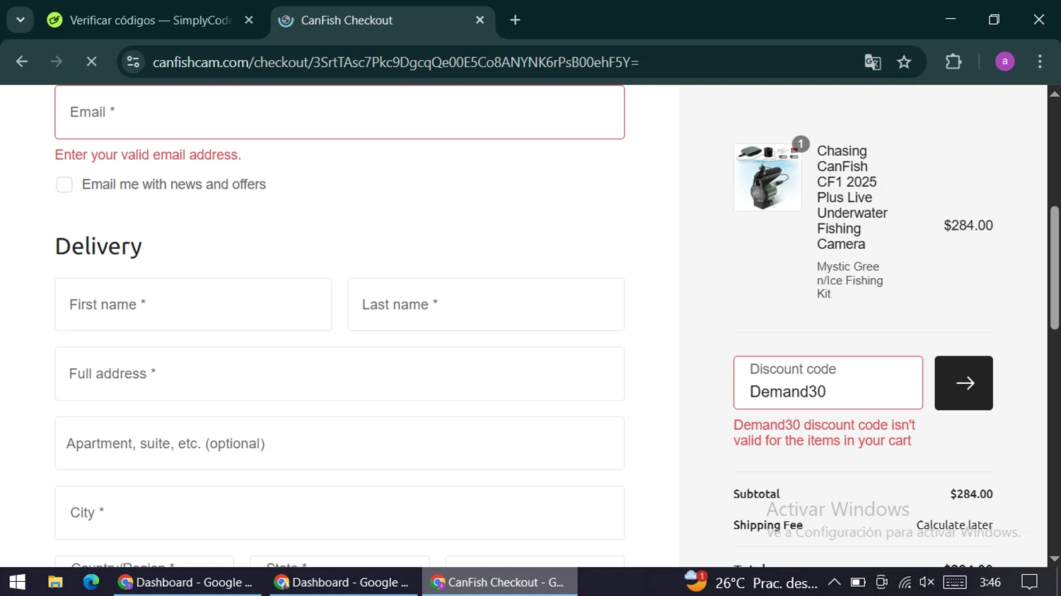 CanFish promo code screenshot showing code Demand30 applied at CanFish checkout page. Uploaded by SimplyCodes community member alexandracarolina on Dec 10, 2025