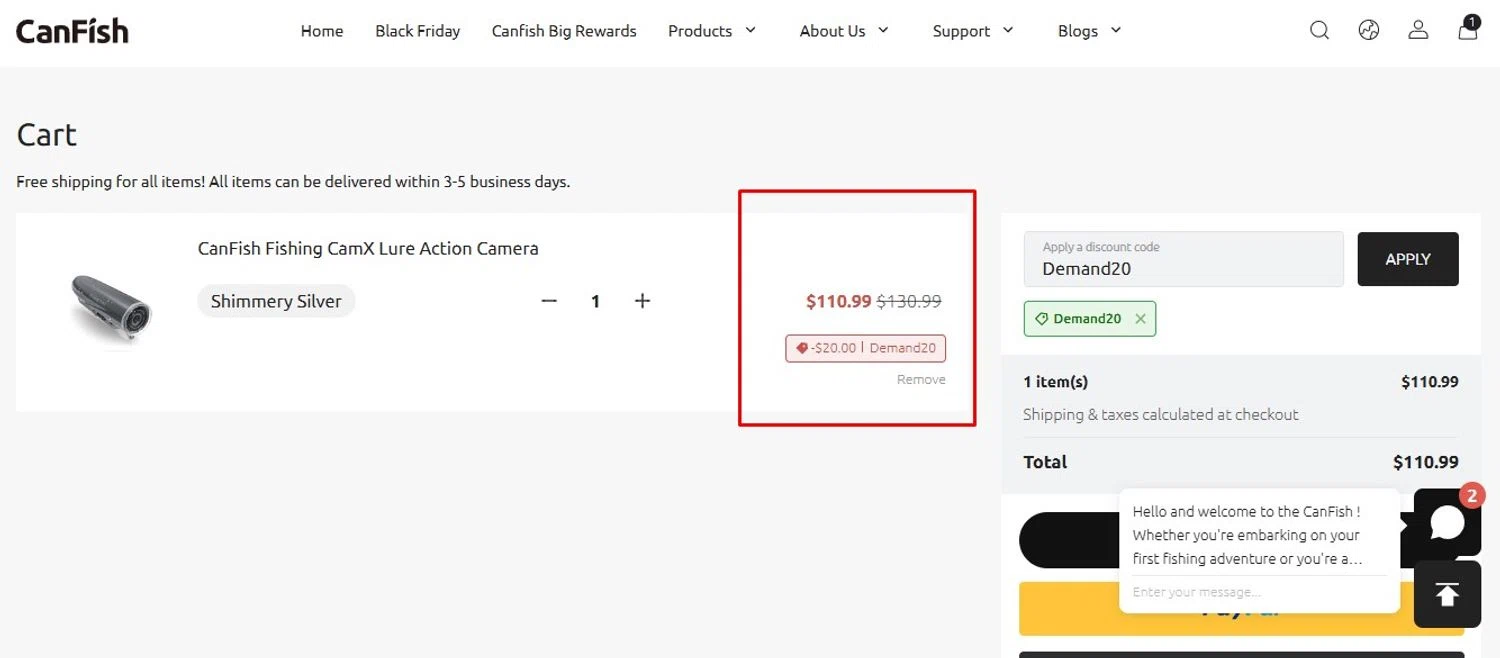 CanFish promo code screenshot showing code Demand20 applied at CanFish checkout page. Uploaded by SimplyCodes community member Swiftdealz on Nov 18, 2025