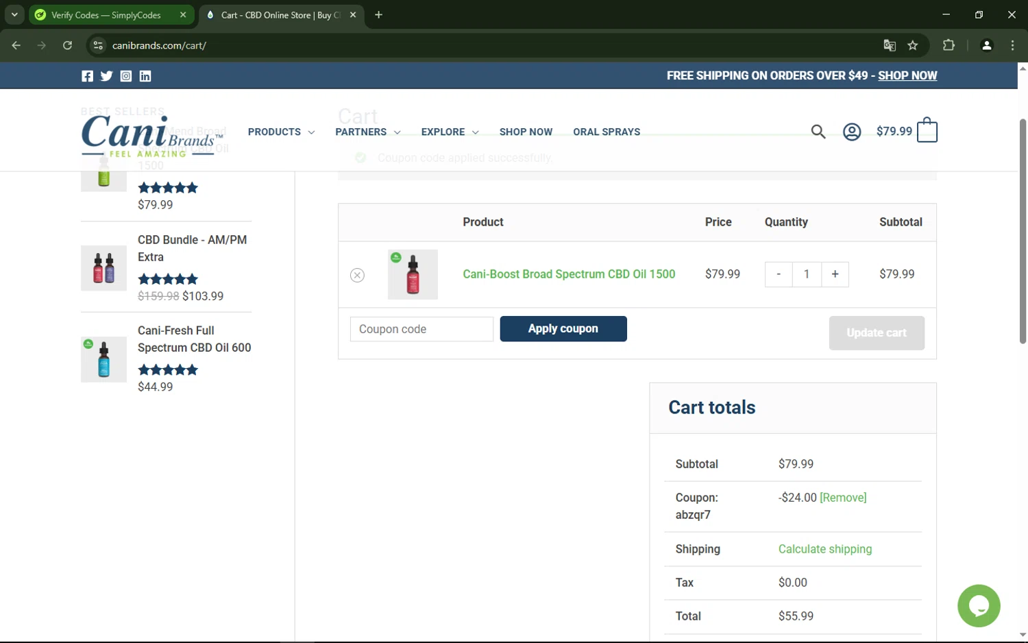 CaniBrands promo code screenshot showing code ABZQR7 applied at CaniBrands checkout page. Uploaded by SimplyCodes community member Kuromii_05 on Apr 9, 2025