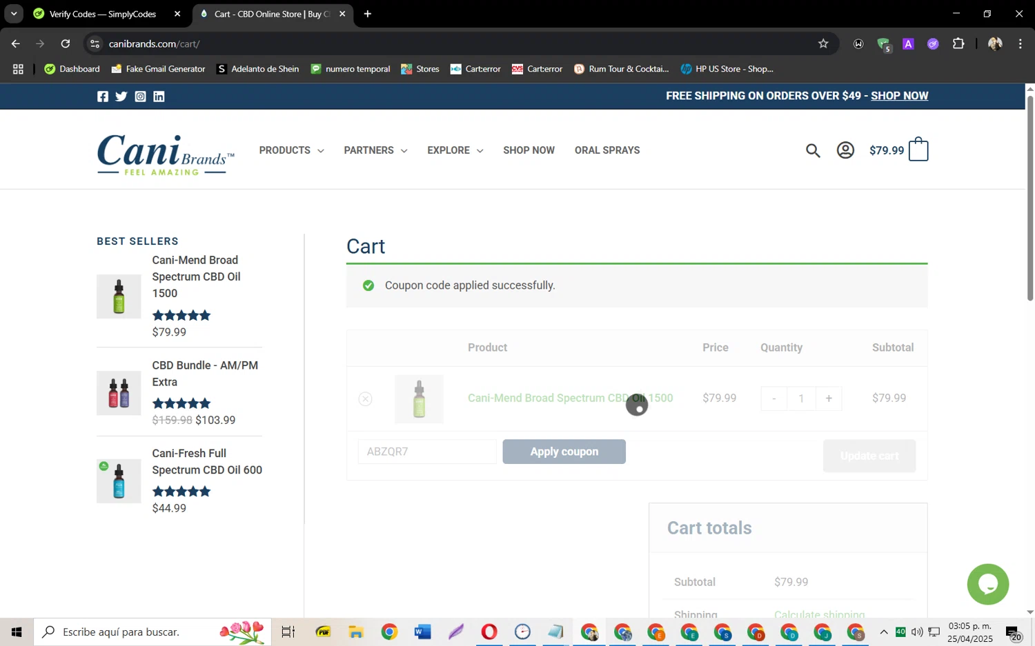 CaniBrands promo code screenshot showing code ABZQR7 applied at CaniBrands checkout page. Uploaded by SimplyCodes community member jeysosmoore on Apr 25, 2025