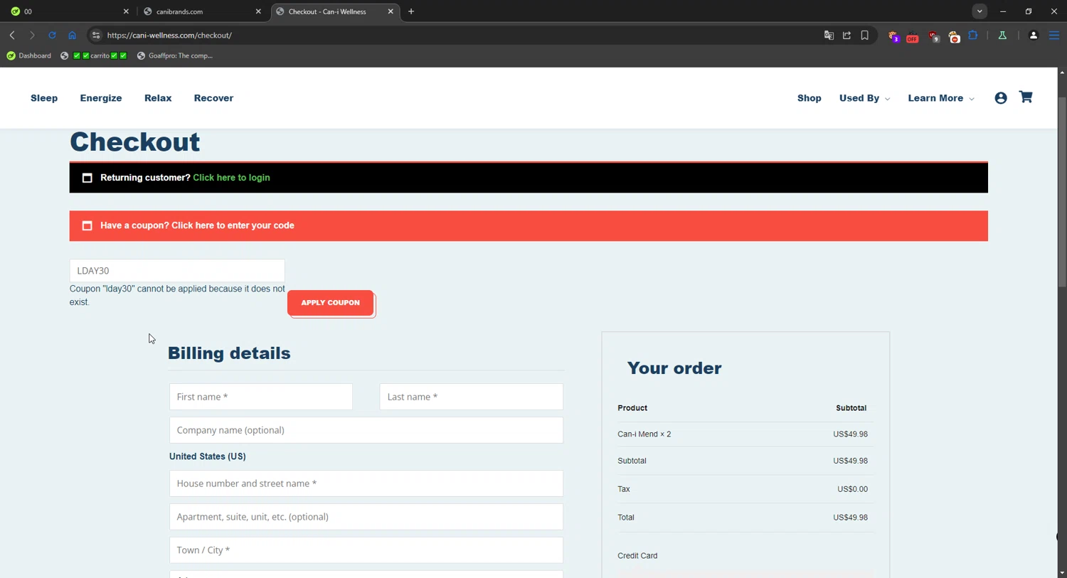 CaniBrands checkout page showing CaniBrands promo code box | Screenshot taken by SimplyCodes community member on Oct 26, 2025