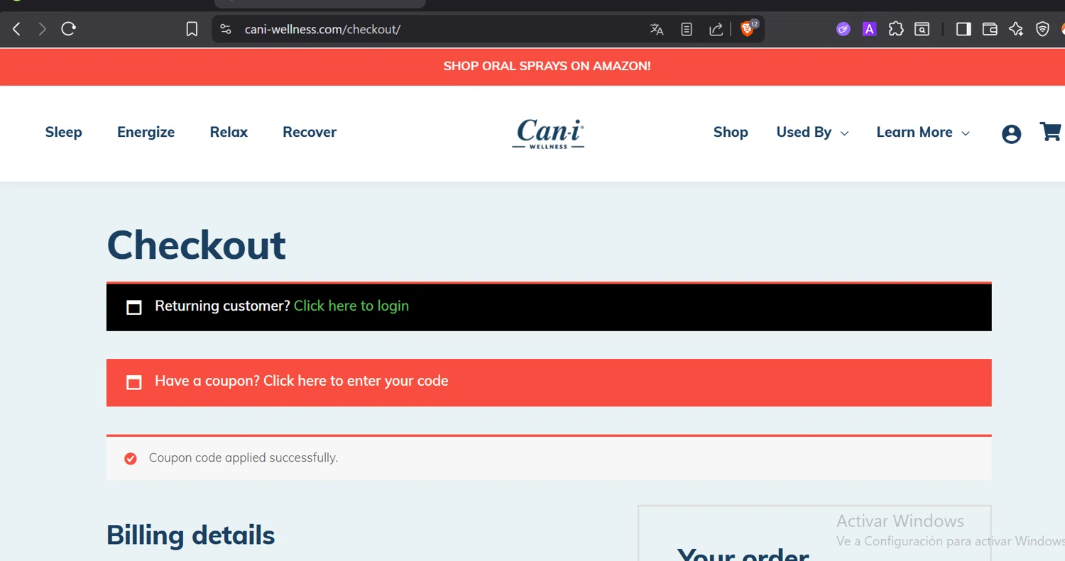 CaniBrands promo code screenshot showing code VETERAN applied at CaniBrands checkout page. Uploaded by SimplyCodes community member CoinOwl5103 on Dec 23, 2025