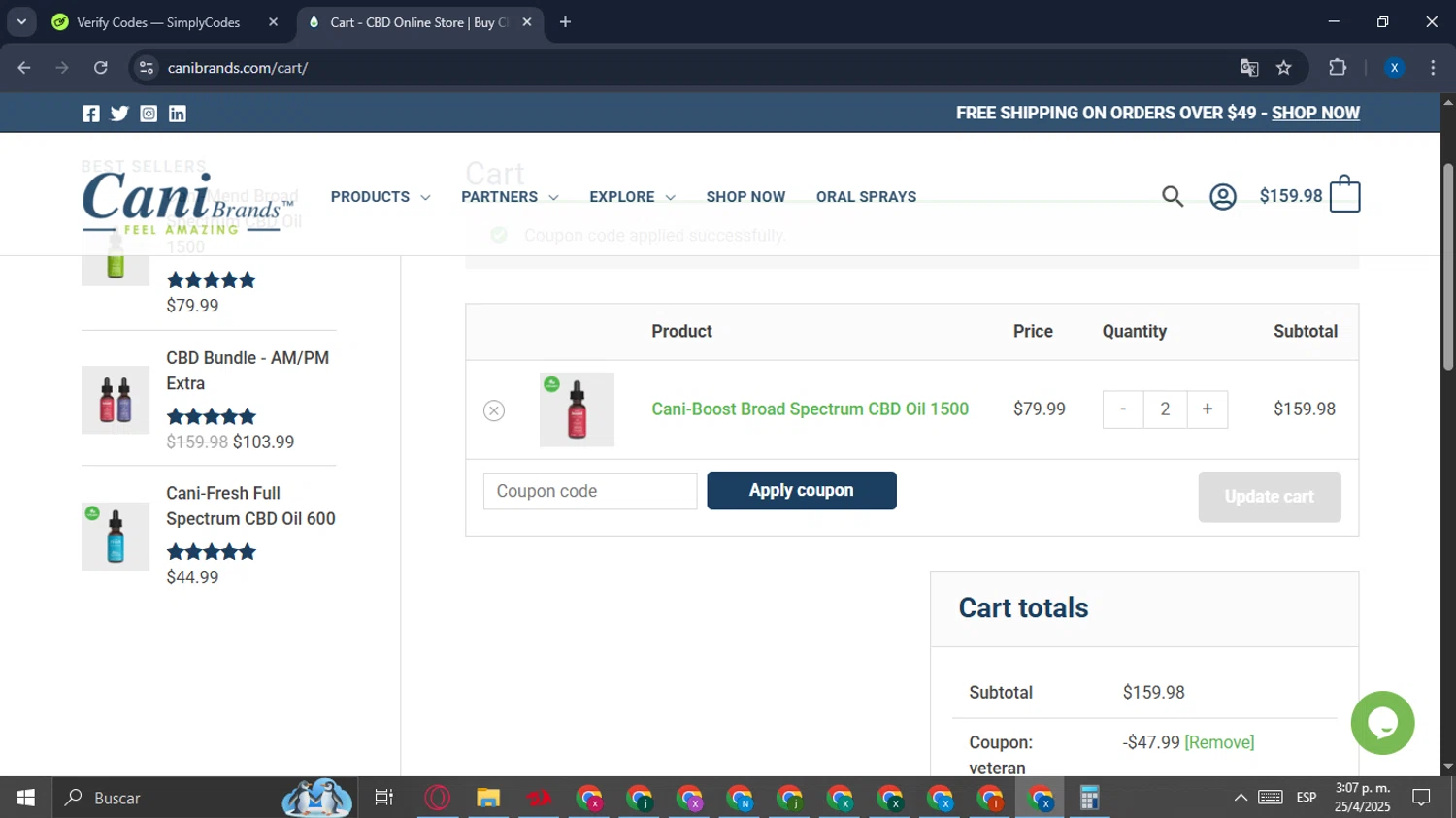CaniBrands promo code screenshot showing code VETERAN applied at CaniBrands checkout page. Uploaded by SimplyCodes community member ExtraordinaryOwl2235 on Apr 25, 2025
