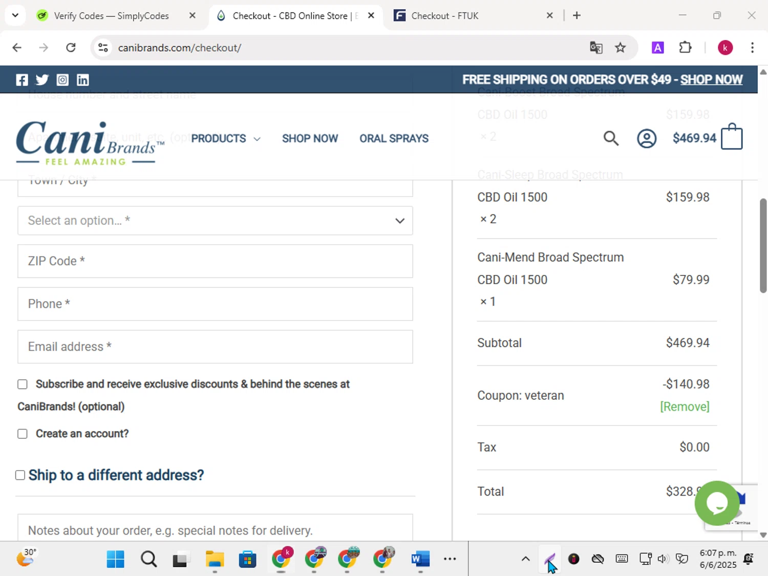 CaniBrands promo code screenshot showing code VETERAN applied at CaniBrands checkout page. Uploaded by SimplyCodes community member karoline on Jun 6, 2025