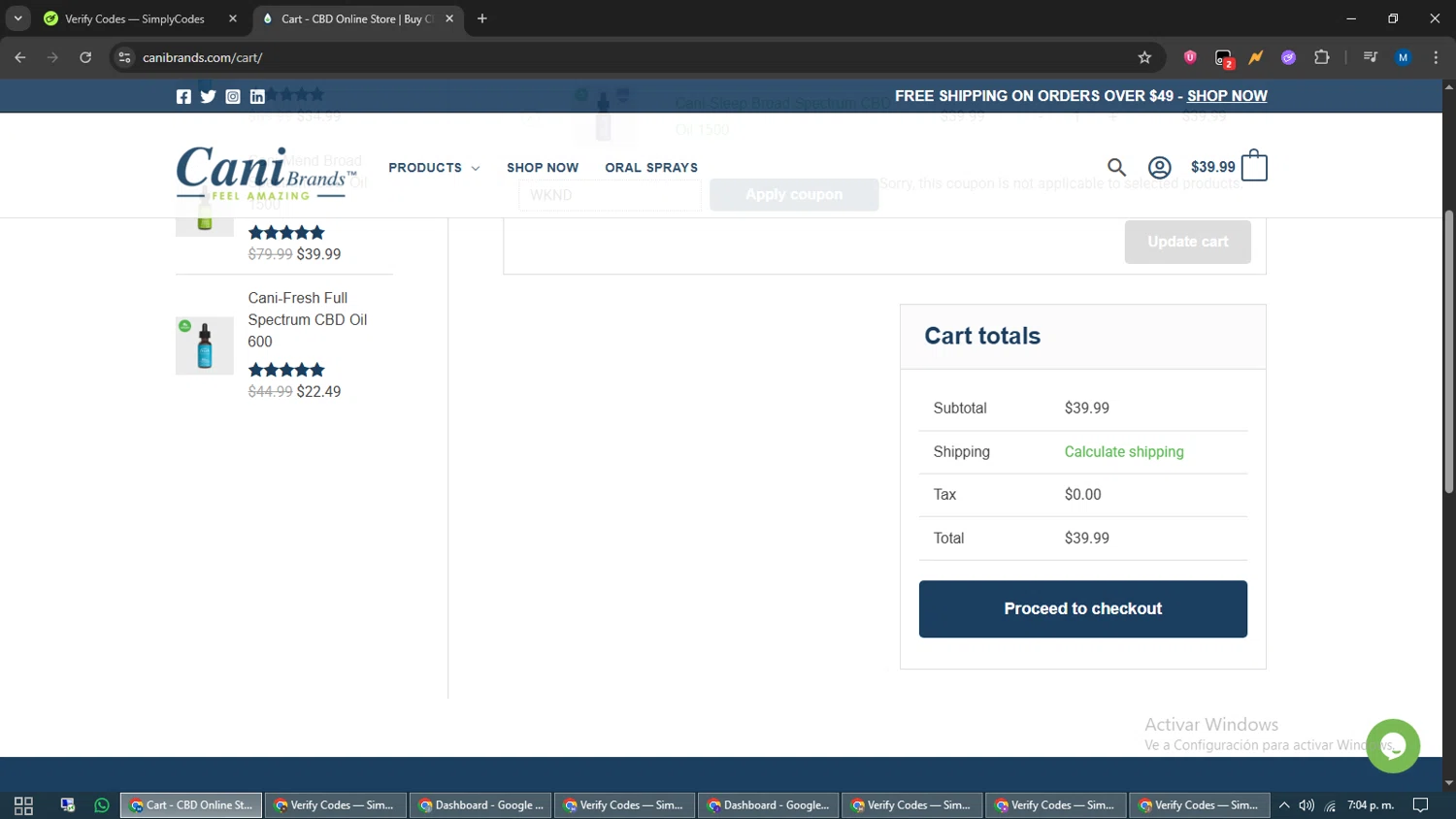 CaniBrands promo code screenshot showing code WKND applied at CaniBrands checkout page. Uploaded by SimplyCodes community member EpicVoyager2820 on Jun 27, 2025
