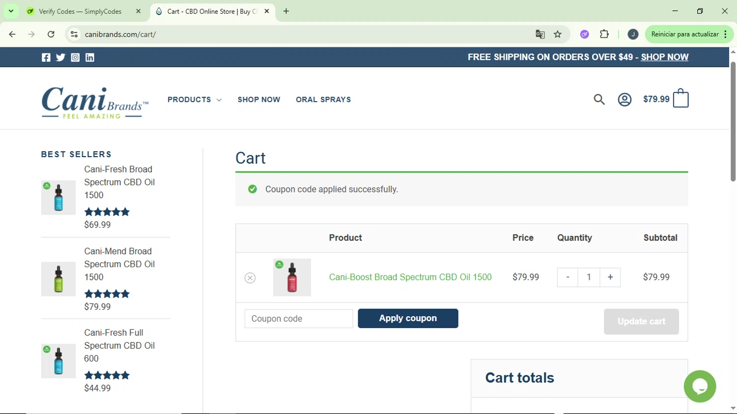 CaniBrands promo code screenshot showing code WKND applied at CaniBrands checkout page. Uploaded by SimplyCodes community member GloriousCollector9930 on Jun 13, 2025