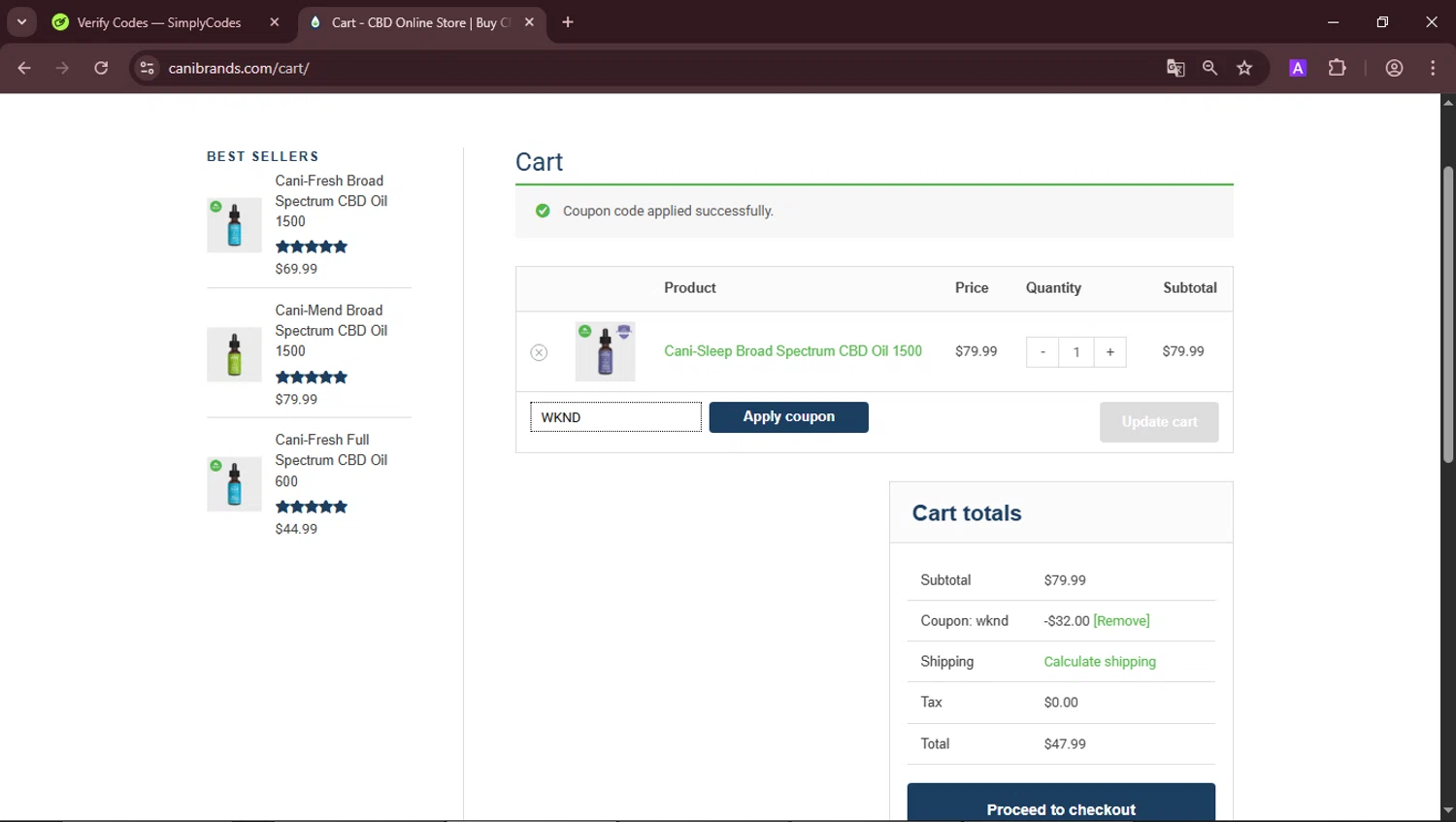 CaniBrands promo code screenshot showing code WKND applied at CaniBrands checkout page. Uploaded by SimplyCodes community member RoyalLegend4835 on Jun 6, 2025