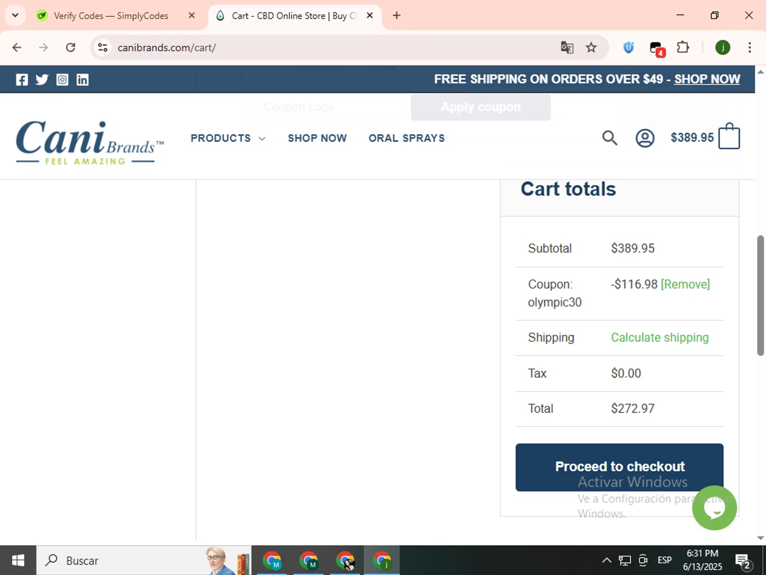 CaniBrands checkout page showing CaniBrands promo code box | Screenshot taken by SimplyCodes community member on Jun 13, 2025