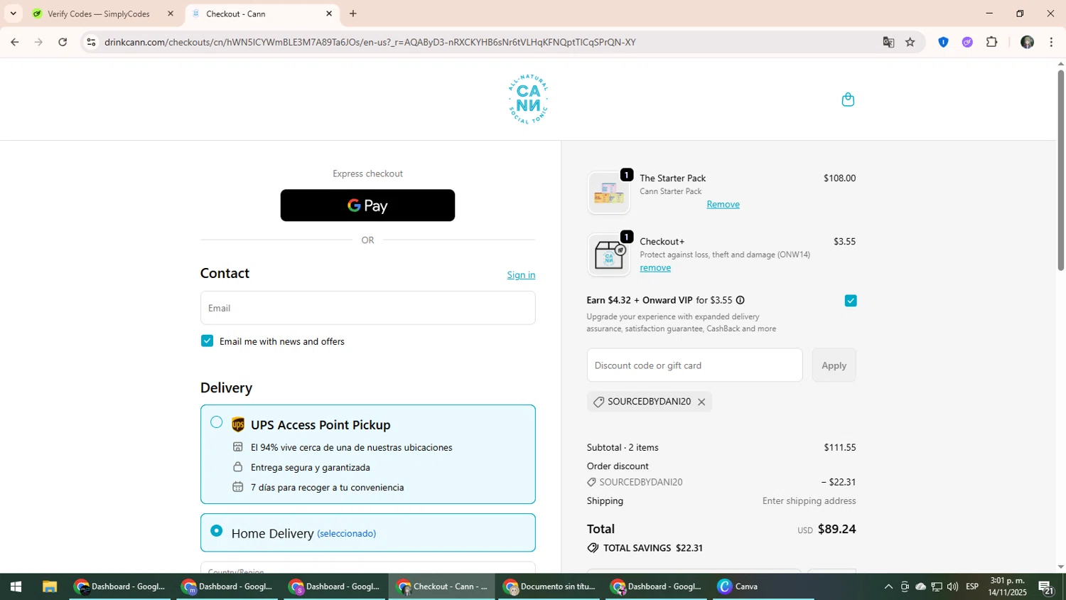 Cann discount code screenshot showing code SOURCEDBYDANI20 applied at Cann checkout page. Uploaded by SimplyCodes community member CleverLynx6871 on Nov 14, 2025