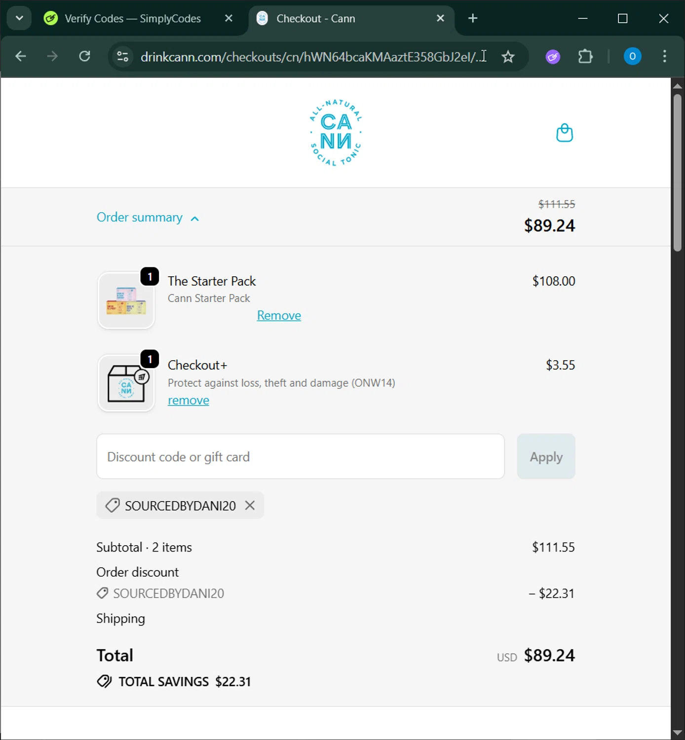 Cann discount code screenshot showing code SOURCEDBYDANI20 applied at Cann checkout page. Uploaded by SimplyCodes community member GoldChaser6627 on Dec 5, 2025