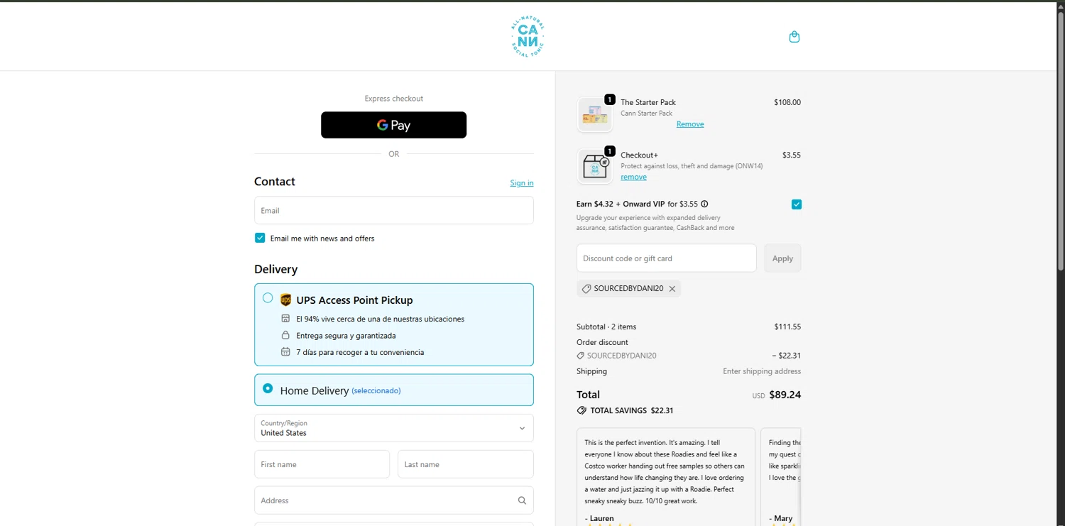 Cann discount code screenshot showing code SOURCEDBYDANI20 applied at Cann checkout page. Uploaded by SimplyCodes community member RoyalVirtuoso4479 on Oct 27, 2025