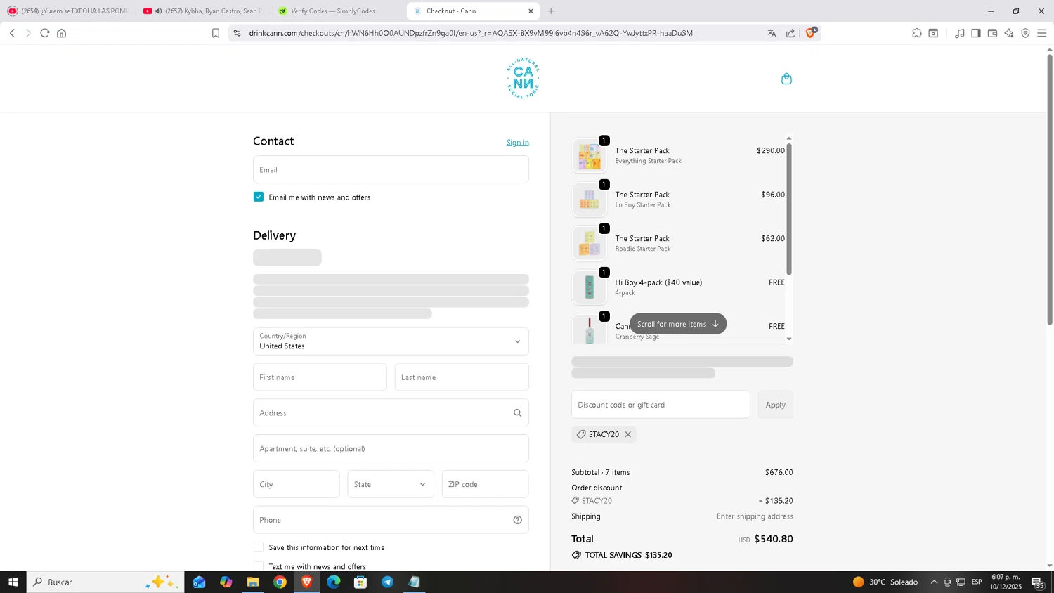 Cann discount code screenshot showing code stacy20 applied at Cann checkout page. Uploaded by SimplyCodes community member Carloscoder_900457733 on Dec 10, 2025