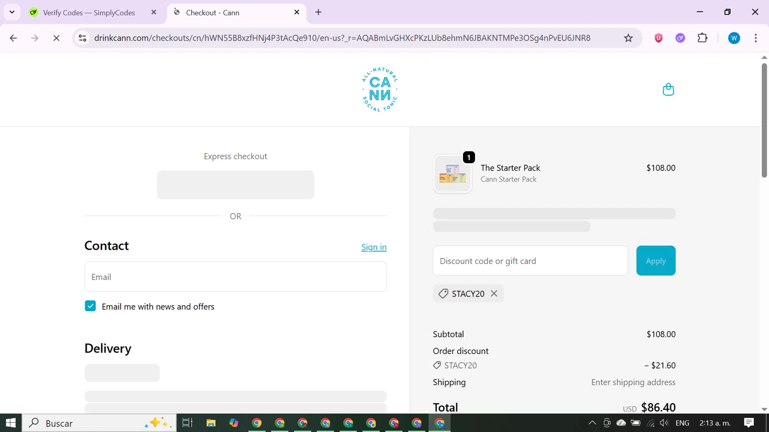 Cann discount code screenshot showing code stacy20 applied at Cann checkout page. Uploaded by SimplyCodes community member CrownShopper7142 on Nov 9, 2025