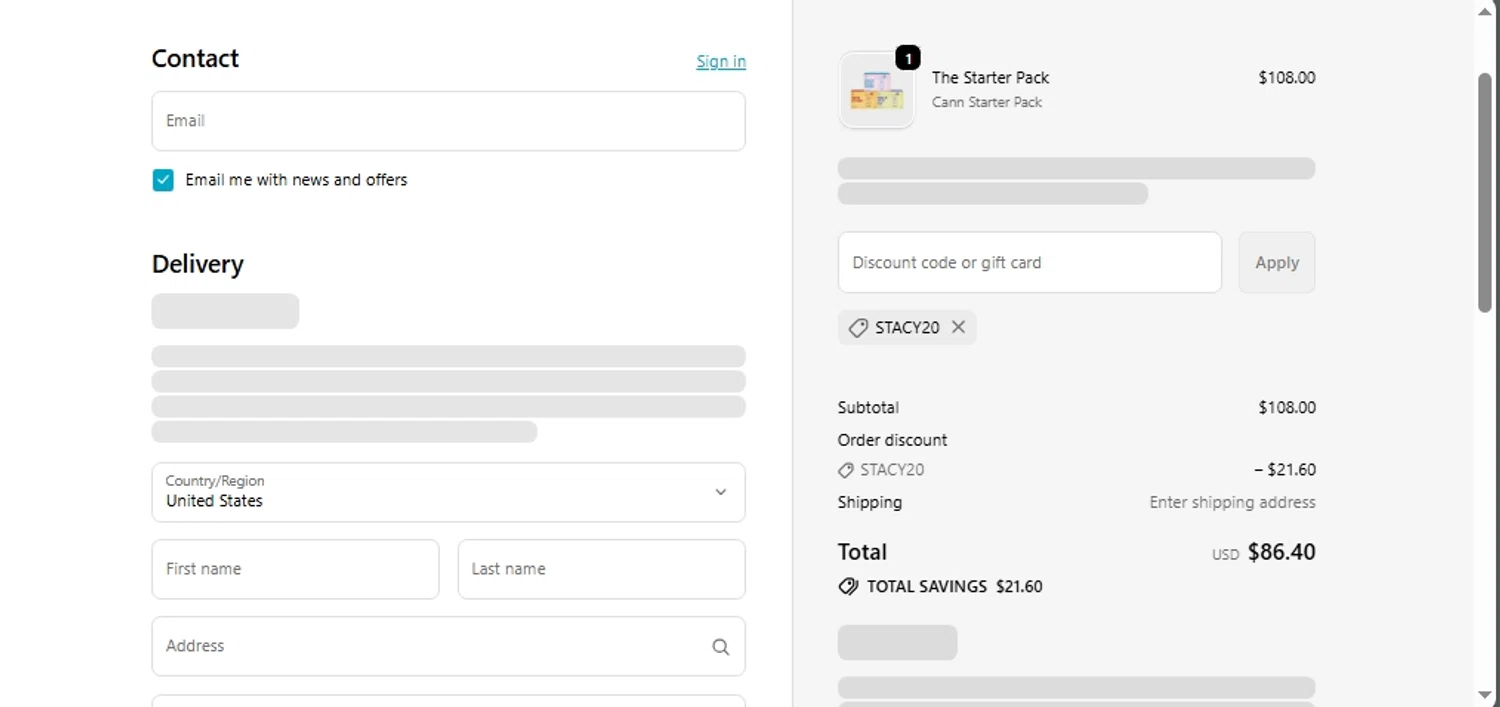 Cann discount code screenshot showing code stacy20 applied at Cann checkout page. Uploaded by SimplyCodes community member Xiooh29 on Nov 14, 2025