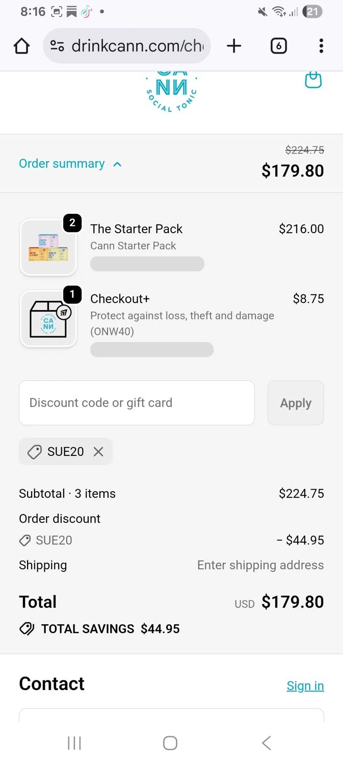 Cann discount code screenshot showing code Sue20 applied at Cann checkout page. Uploaded by SimplyCodes community member KarinaHZ on Dec 5, 2025