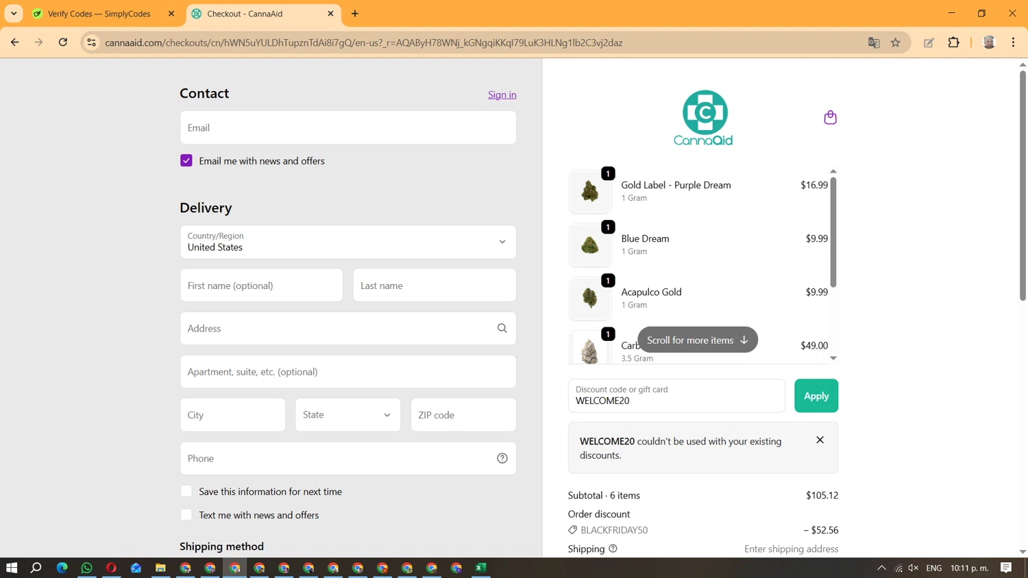 CannaAid coupon code screenshot showing code WELCOME20 applied at CannaAid checkout page. Uploaded by SimplyCodes community member ManuelF on Dec 1, 2025