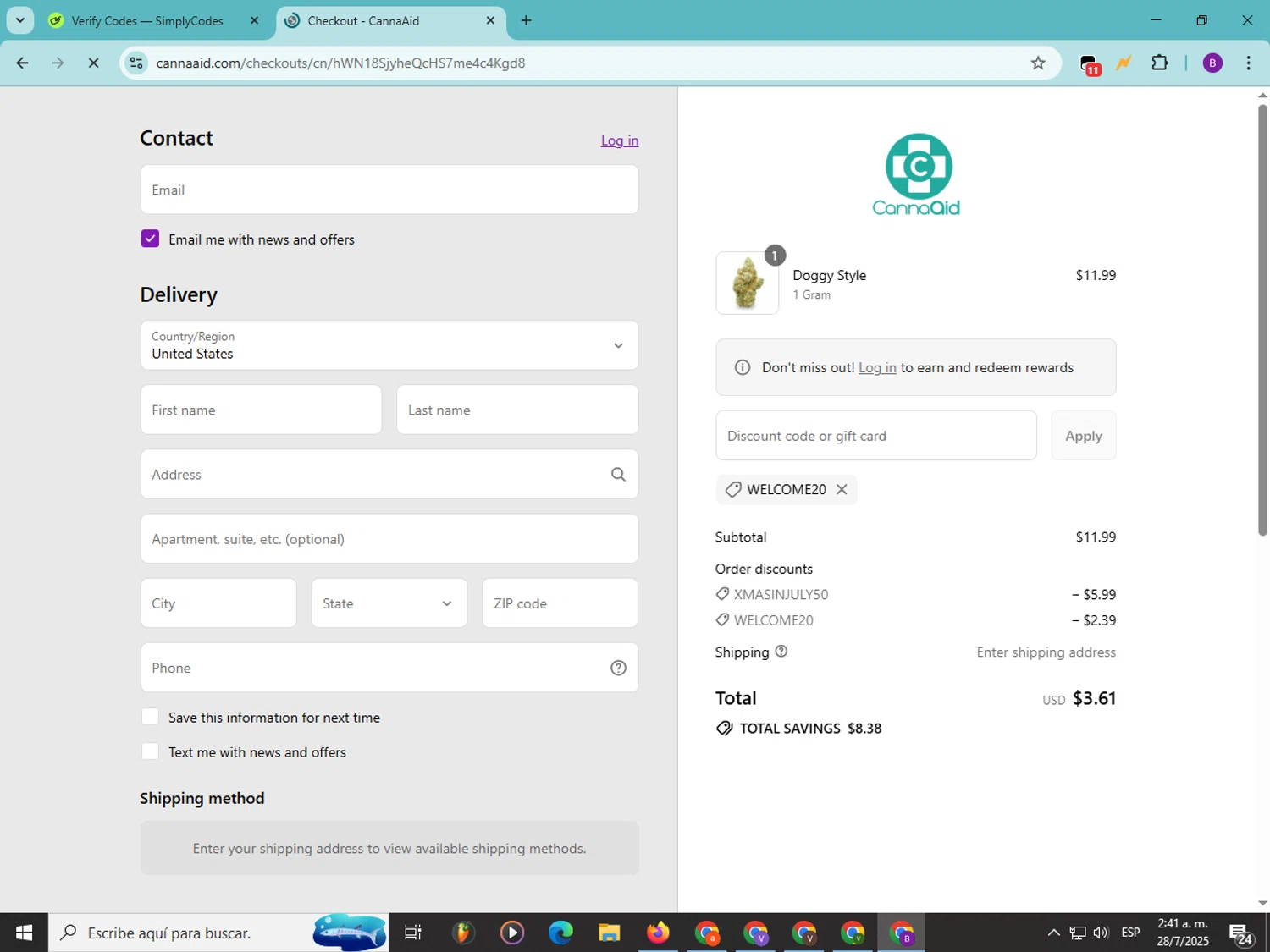 CannaAid coupon code screenshot showing code WELCOME20 applied at CannaAid checkout page. Uploaded by SimplyCodes community member Soyvictor on Jul 28, 2025