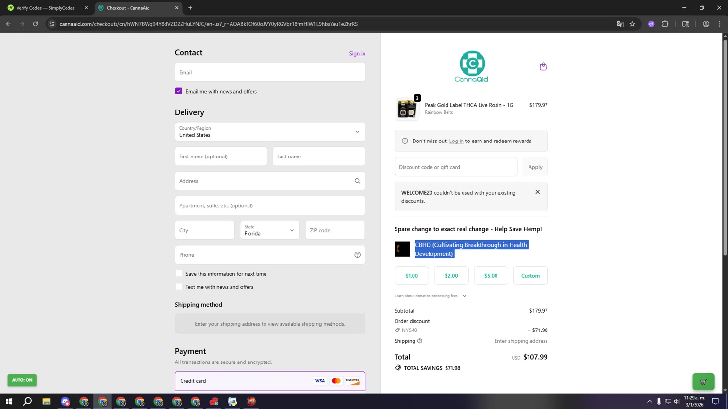 CannaAid coupon code screenshot showing code WELCOME20 applied at CannaAid checkout page. Uploaded by SimplyCodes community member aaaaaaaaaaaaaaaa on Jan 3, 2026