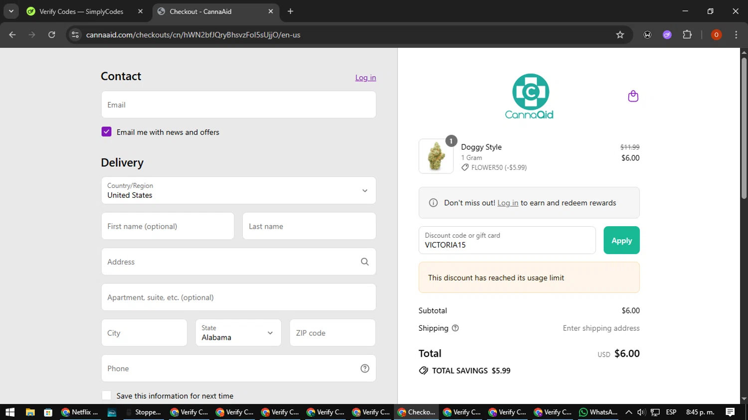 CannaAid coupon code screenshot showing code VICTORIA15 applied at CannaAid checkout page. Uploaded by SimplyCodes community member CleverSpotter3730 on Sep 5, 2025