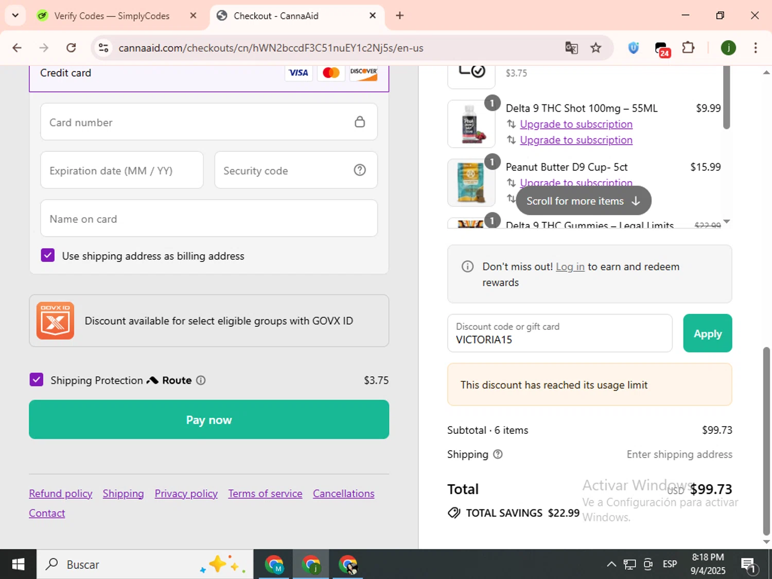 CannaAid coupon code screenshot showing code VICTORIA15 applied at CannaAid checkout page. Uploaded by SimplyCodes community member SavingsCollector2592 on Sep 5, 2025