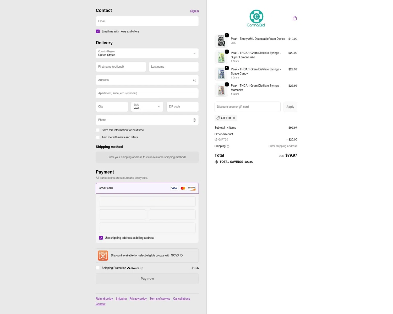 CannaAid coupon code screenshot showing code Gift20 applied at CannaAid checkout page. Uploaded by SimplyCodes community member jairinho on Sep 30, 2025
