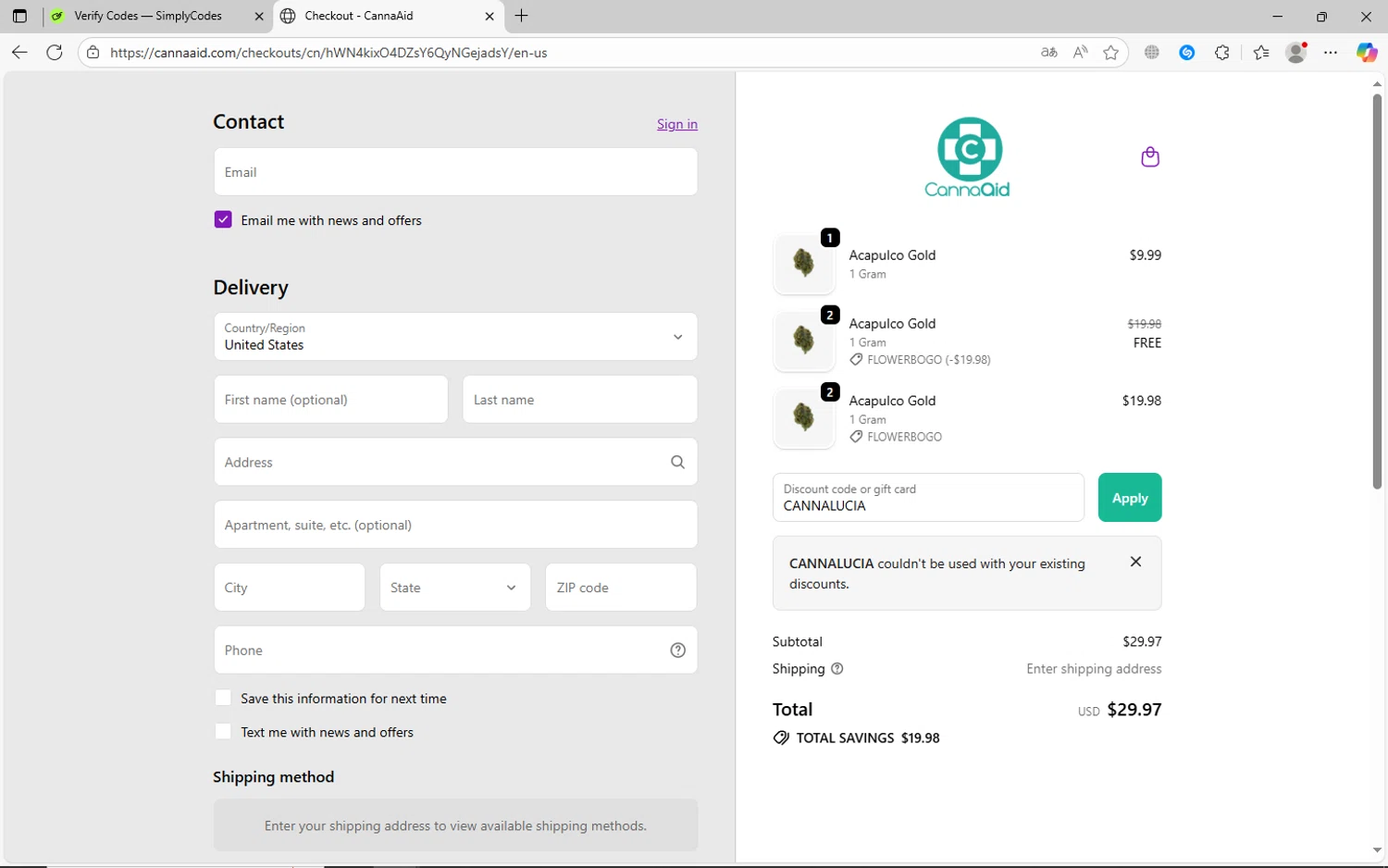 CannaAid coupon code screenshot showing code CANNALUCIA applied at CannaAid checkout page. Uploaded by SimplyCodes community member jhoanDepp on Oct 31, 2025