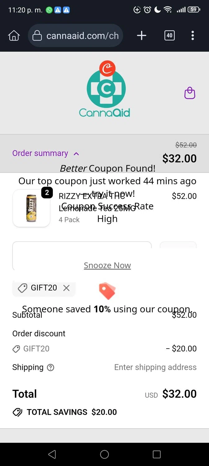 CannaAid coupon code screenshot showing code Gift20 applied at CannaAid checkout page. Uploaded by SimplyCodes community member Madurocupones on Sep 22, 2025