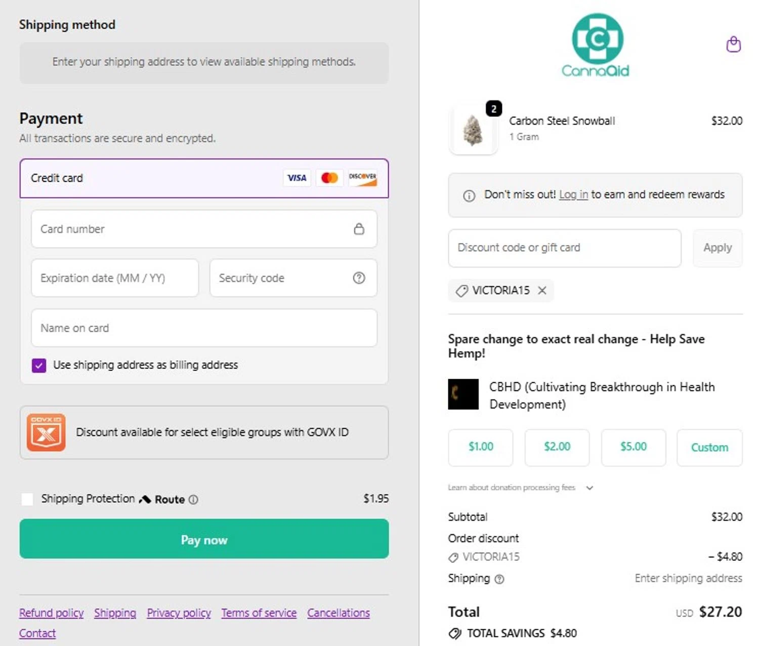 CannaAid coupon code screenshot showing code VICTORIA15 applied at CannaAid checkout page. Uploaded by SimplyCodes community member mandrakke on Feb 2, 2026