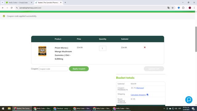 Cannabis Pharmacy checkout page showing Cannabis Pharmacy coupon code box | Screenshot taken by SimplyCodes community member on Aug 22, 2025