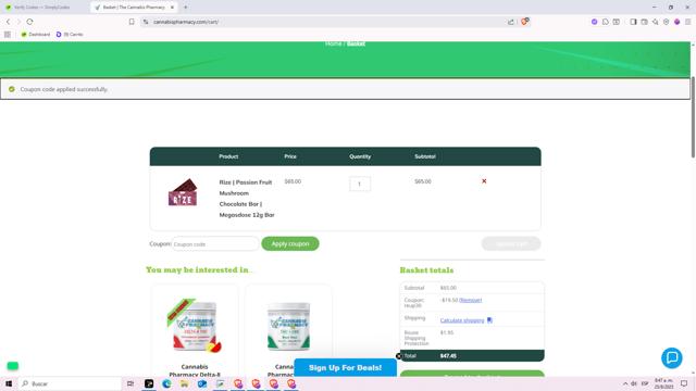 Cannabis Pharmacy checkout page showing Cannabis Pharmacy coupon code box | Screenshot taken by SimplyCodes community member on Aug 25, 2025