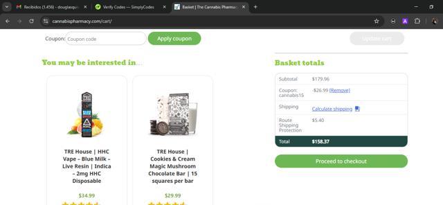 Cannabis Pharmacy checkout page showing Cannabis Pharmacy coupon code box | Screenshot taken by SimplyCodes community member on Sep 11, 2025