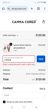 Canna Cured US coupon verification screenshot