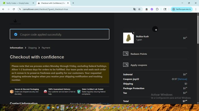 Cannaflower checkout page showing Cannaflower coupon code box | Screenshot taken by SimplyCodes community member on Aug 7, 2025